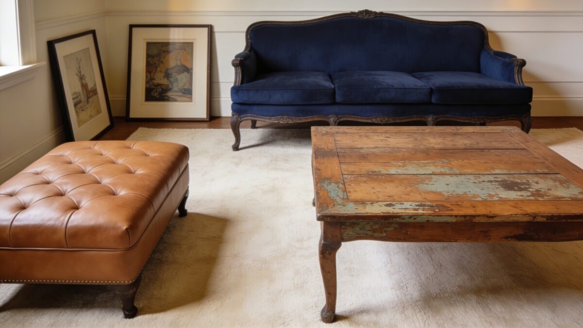 A polished, timeless living room with a curated mix: patinaed wood coffee table, dark blue update of a traditional sofa, camel leather ottoman, framed art leaning on the wall, and a soft cream rug.