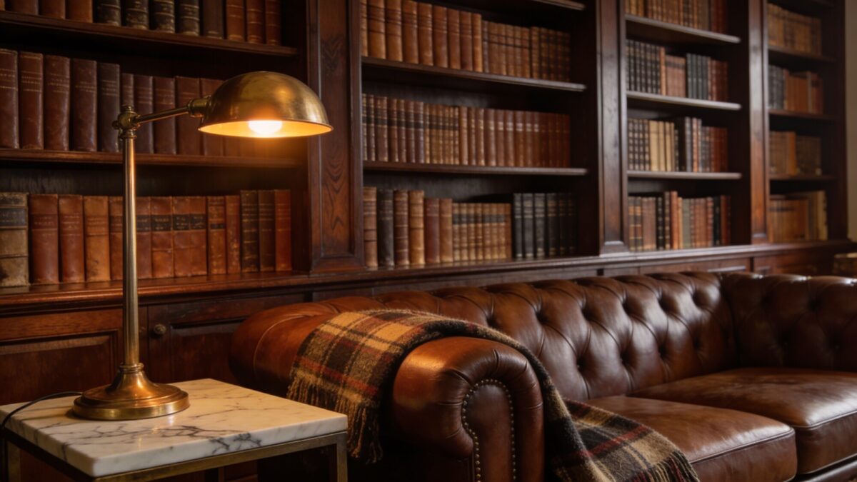 A masculine home library living room: tall dark wood bookcase, leather-bound books, a leather Chesterfield sofa, a brass desk lamp, and a marble-topped side table beside a plaid wool throw.