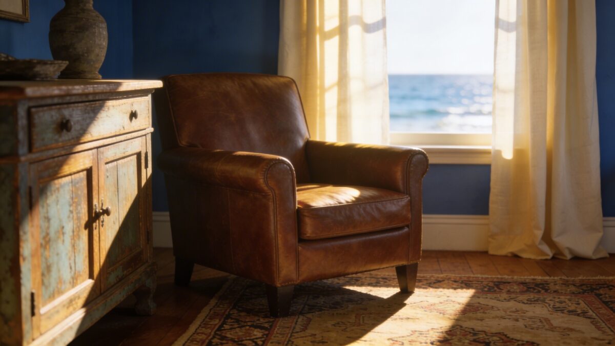 A warm, inviting entry into a living room: sturdy leather armchair near a patinaed wood console, a sunlit window with sheer cream curtains, an antique-style rug, and subtle coastal-meets-country palette with warm blues and creams.