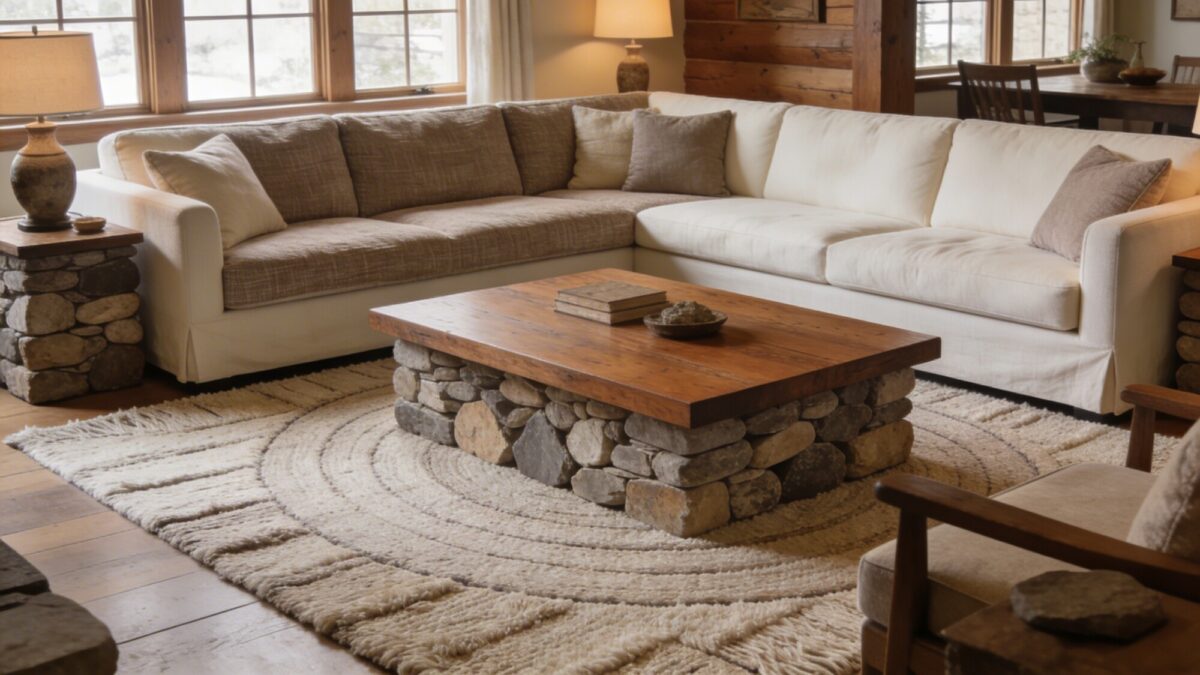 A cozy Arhaus-inspired living room featuring a neutral cream sectional, a textured taupe linen sofa, a layered wool rug, and warm wood coffee table surrounded by stone accents and soft ambient lighting.