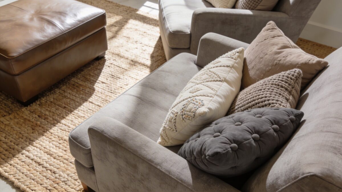 Close-up of mixed textures: woven jute rug, linen-upholstered armchairs in dune gray, leather ottoman, and a curated collection of textured pillows in oatmeal, taupe, and slate, with natural light flooding in.