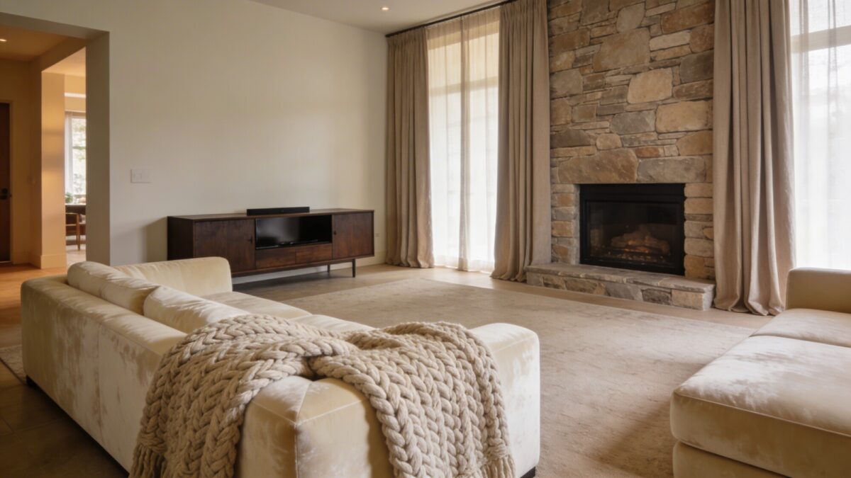 A spacious lounge scene with oversized furniture balance: a plush cream velvet sofa, a large chunky-knit throw, a dark wood media console, and a stone fireplace backdrop, framed by tall neutral curtains.