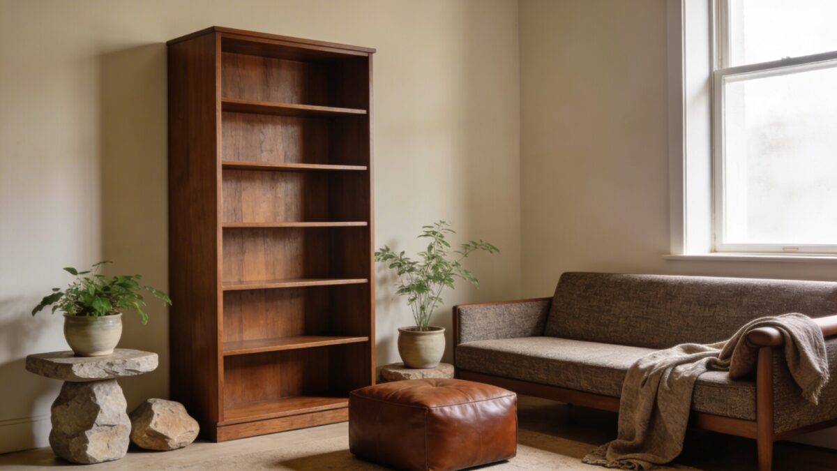 A living room corner showing scale variety: a tall walnut bookcase, a low profile textured sofa, a cozy leather pouf, and a linen-blend throw draped over the arm, with potted greenery and natural stone accents.