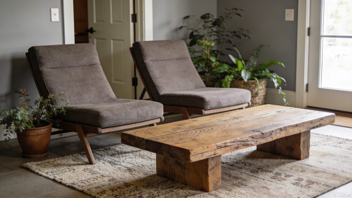 An inviting entry-adjacent seating area: two upholstered lounge chairs in warm gray linen, a large reclaimed wood coffee table, a textured area rug, and botanical accents with soft daylight from a nearby window.