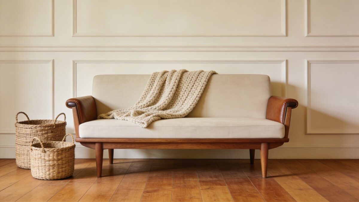 A modern-vintage fusion living room: mid-century inspired wood legs on a low sofa, leather detail accents, woven baskets, and a chunky knit throw, set against a backdrop of cream walls and warm wood floors.
