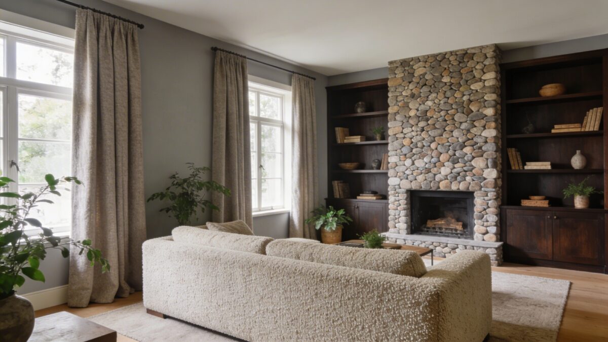 A panoramic shot of a living room with layered textures: wool blend curtains, a boucle upholstered sofa, a pebble stone fireplace, dark wood shelving, and a soft gray wall palette, accented with natural greenery.