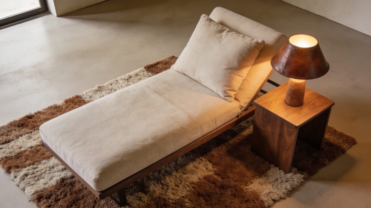 An intimate reading nook within the living room: a cushioned linen chaise, a textured wool rug, a small walnut side table, a leather-bound lamp, and a strategic warm lighting setup creating a serene, Arhaus-inspired vibe.