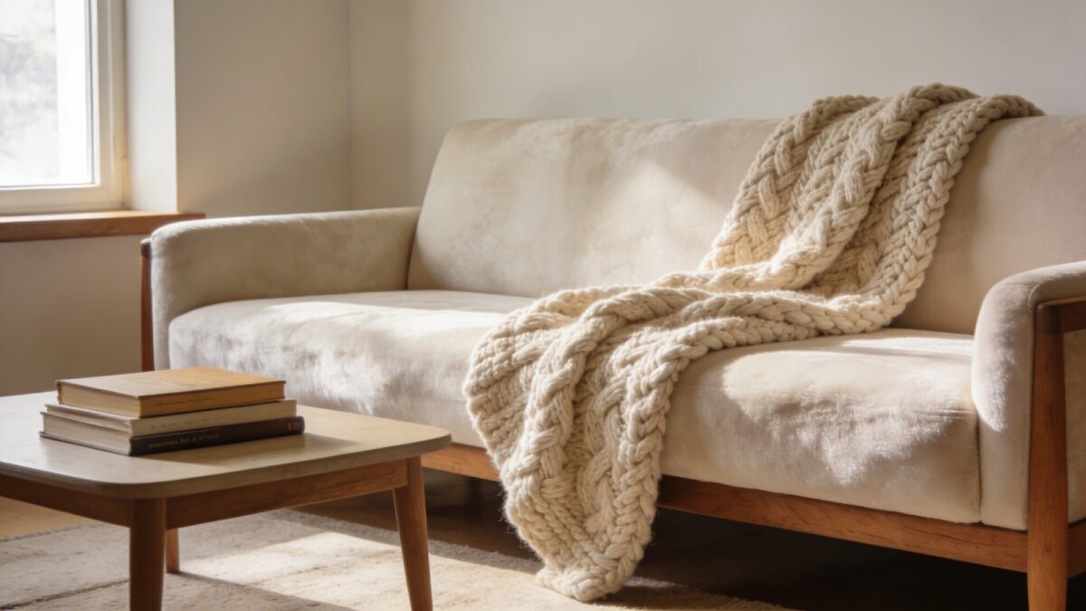 A cozy hygge living room with a warm, neutral palette (creams, soft taupe, and warm wood accents), a chunky knit throw draped over a plush sofa, a small stack of books on a coffee table, and soft natural light from a nearby window, minimal clutter, and a whitespace-friendly layout.