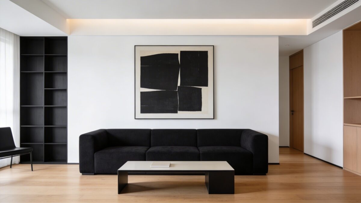 A crisp modern living room featuring a bold statement sofa in deep charcoal, a single large abstract art print above the sofa, streamlined coffee table, and a cohesive 2–3 color palette with black, white, and natural wood tones; clean lines and uncluttered surfaces.