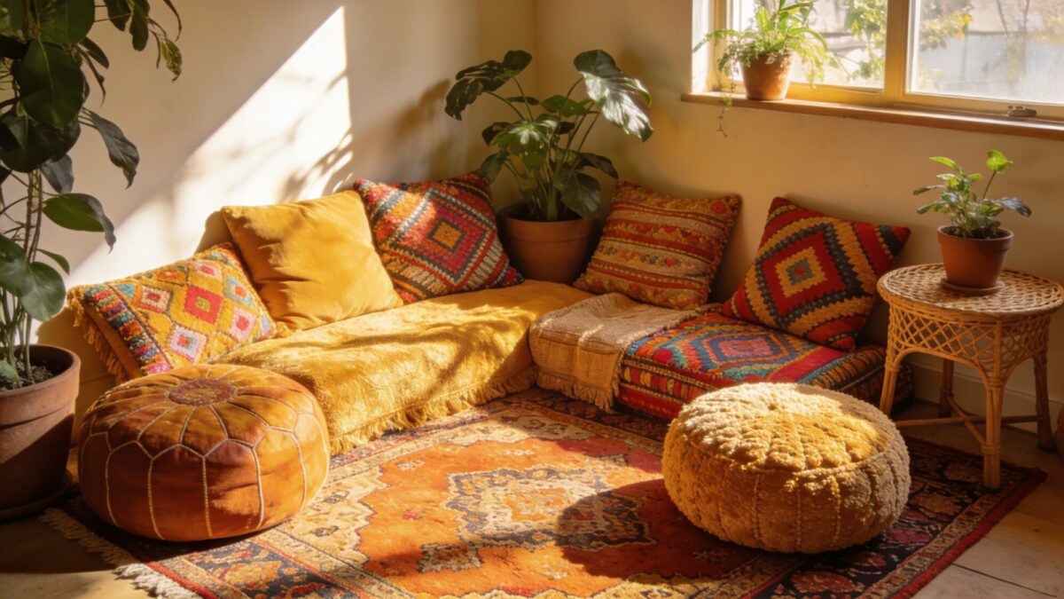 A playful boho-inspired seating arrangement in a sunlit corner, mixed-and-matched textiles (patterned rug, vibrant cushions, textured poufs), a vintage rug anchoring the space, potted plants, and a small woven side table, warm ambiant lighting.