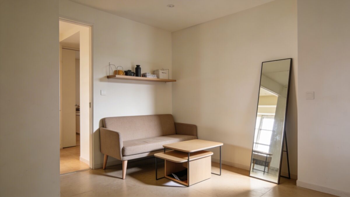 A small-space living room layout showcasing space-maximizing furniture: a compact sofa with slim legs, a pair of nesting coffee tables, a floating shelf for essentials, and a large mirror to reflect light and create the illusion of more room.