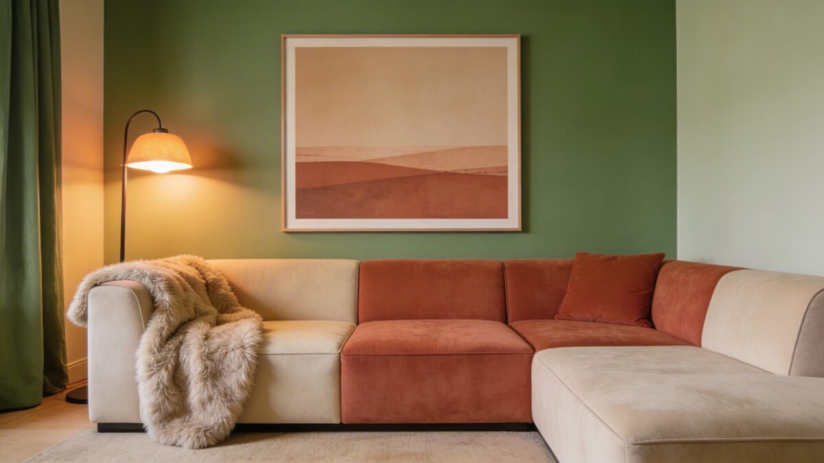 A layered-cozy scene with a warm color family (sage greens, soft terracotta, and creamy beige), a plush sectional, a fuzzy throw, ambient floor lamp, and an artful wall tack featuring a single large framed print that anchors the color story.