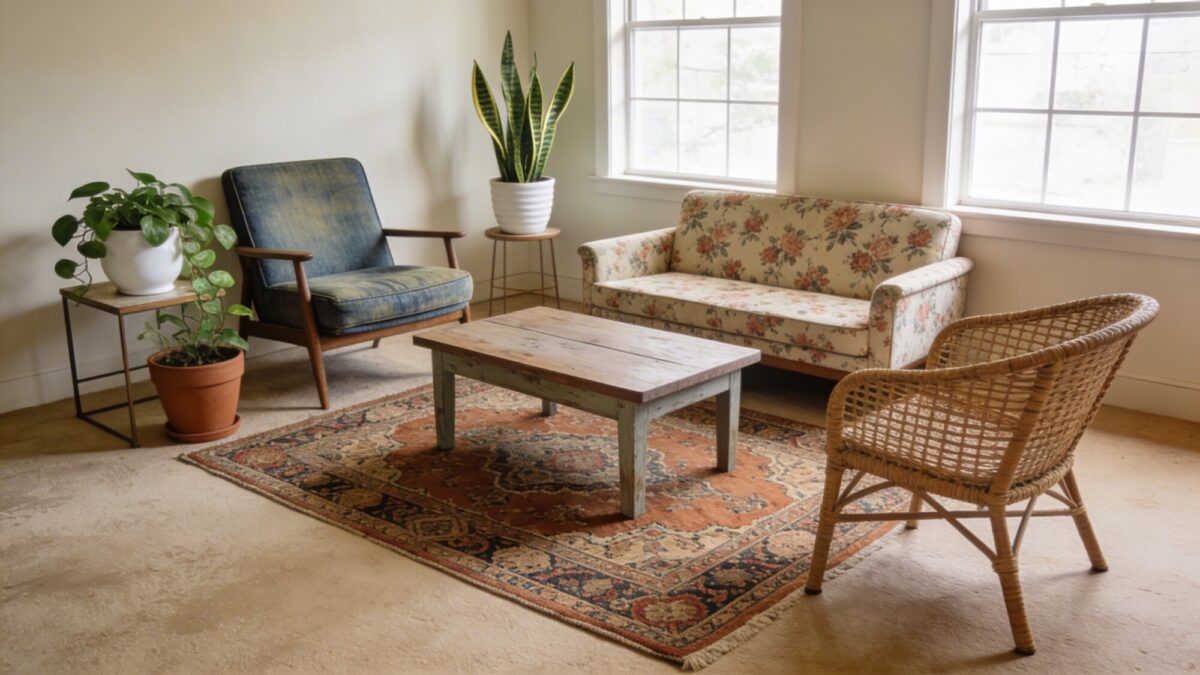 A budget-friendly DIY-friendly living room with a mix of second-hand finds and affordable updates: a vintage rug as a focal point, a refurbished coffee table, mismatched but cohesive seating, and greenery in simple ceramic planters.