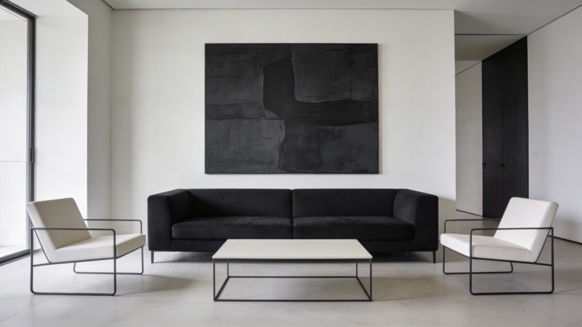A modern-minimal, two-tone lounge that uses only two primary colors (charcoal and ivory) with a statement piece such as a bold sofa or large wall art; additional seating kept slim and low-profile, and a single, uncluttered coffee table.