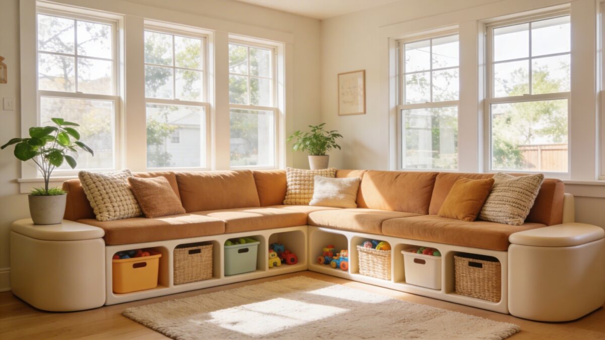 A bright, family-friendly living space featuring durable upholstery in a warm neutral, a snug sectional that invites lounging, a kid-friendly storage solution, low-maintenance greenery, and natural light pouring in through large windows; textural contrasts through woven textures and a soft rug.