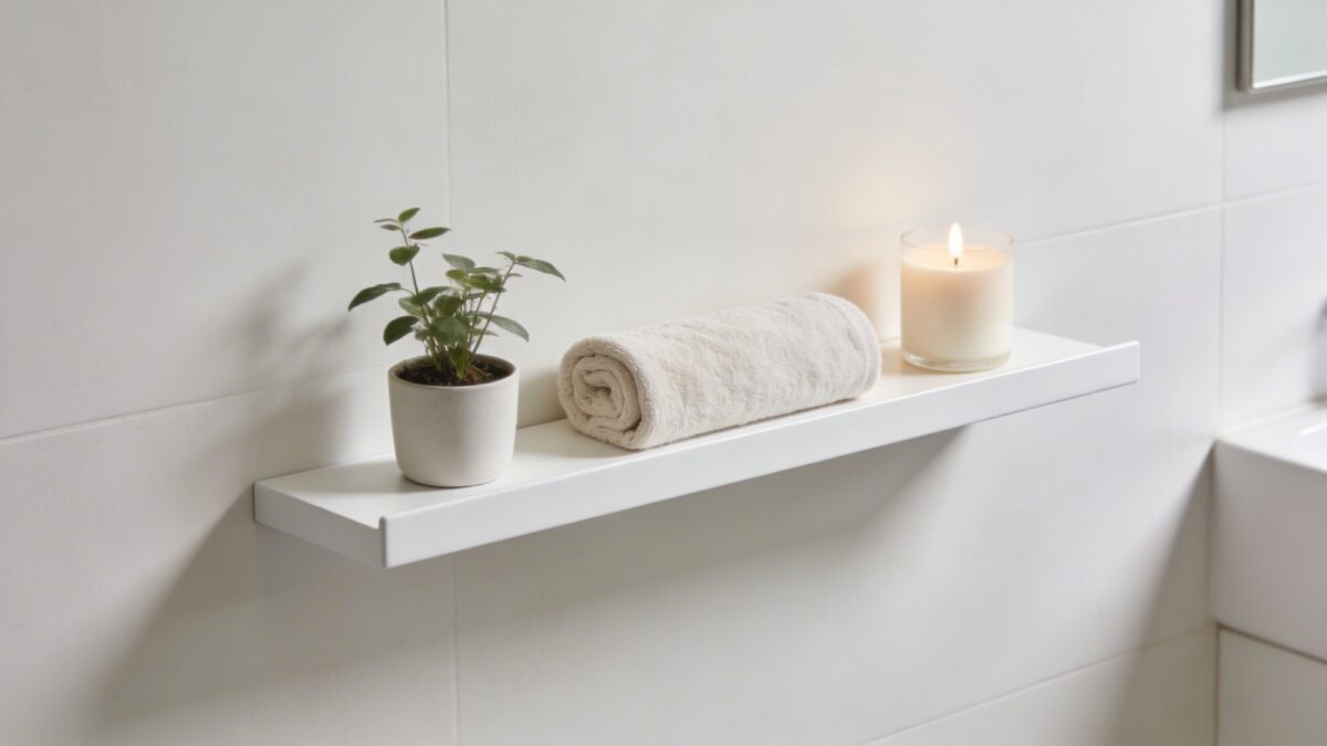 A minimalist bathroom wall with a single slim-profile floating shelf in matte white, holding a small potted plant, a rolled towel, and a scented candle, clean lines and soft lighting.