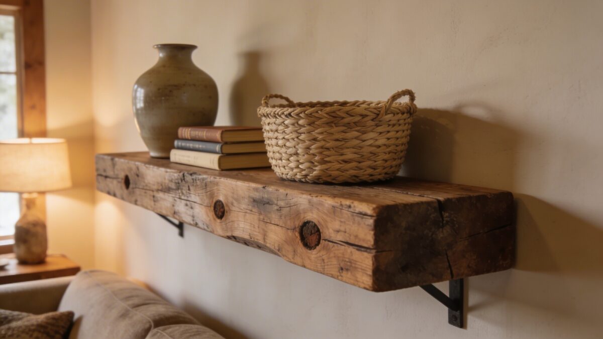 A rustic living room wall featuring a reclaimed wood floating shelf with warm tones, paired with a ceramic vase, a small stack of books, and a woven basket, cozy ambient lighting.
