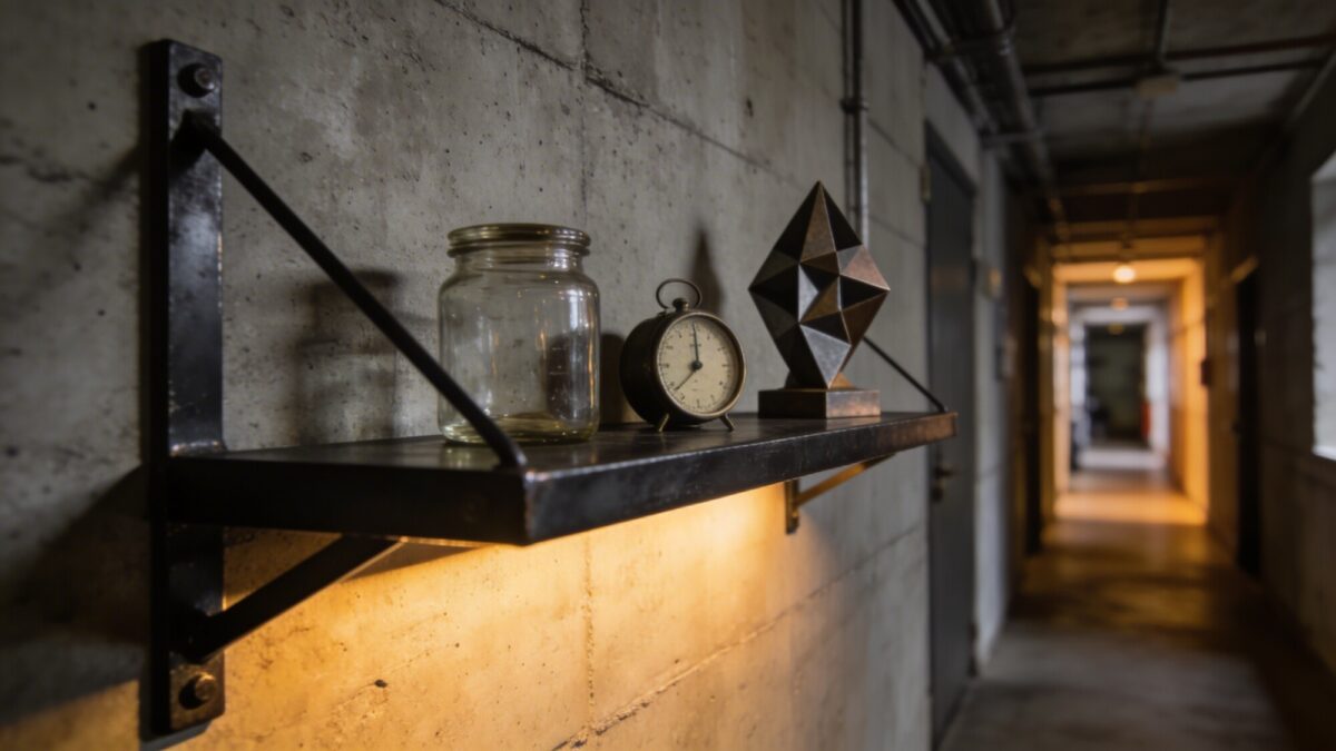 An industrial hallway wall showcasing a metal-bracket floating shelf with a dark finish, displaying a glass jar, a vintage timer, and a geometric sculpture, strong contrast and bold textures.