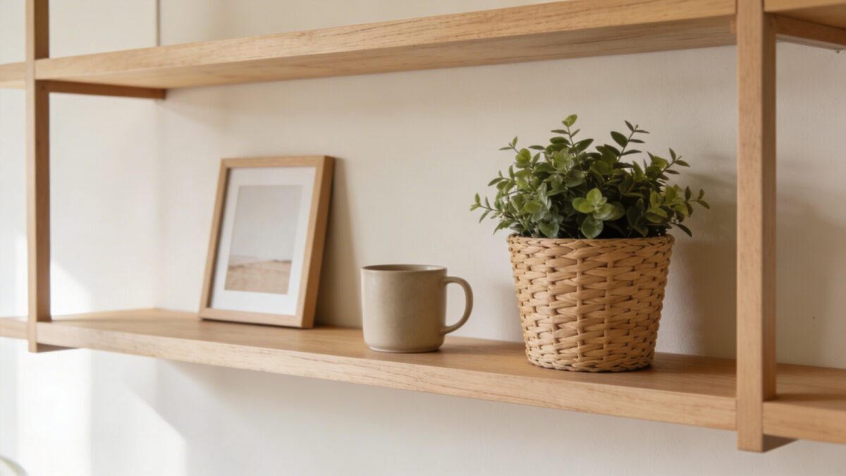 A Scandi-inspired living room wall with a light wood floating shelf, airy spacing between shelves, and a minimal arrangement of a wicker plant pot, a neutral mug, and a small framed print (no frames visible in prompt to keep image text-free).