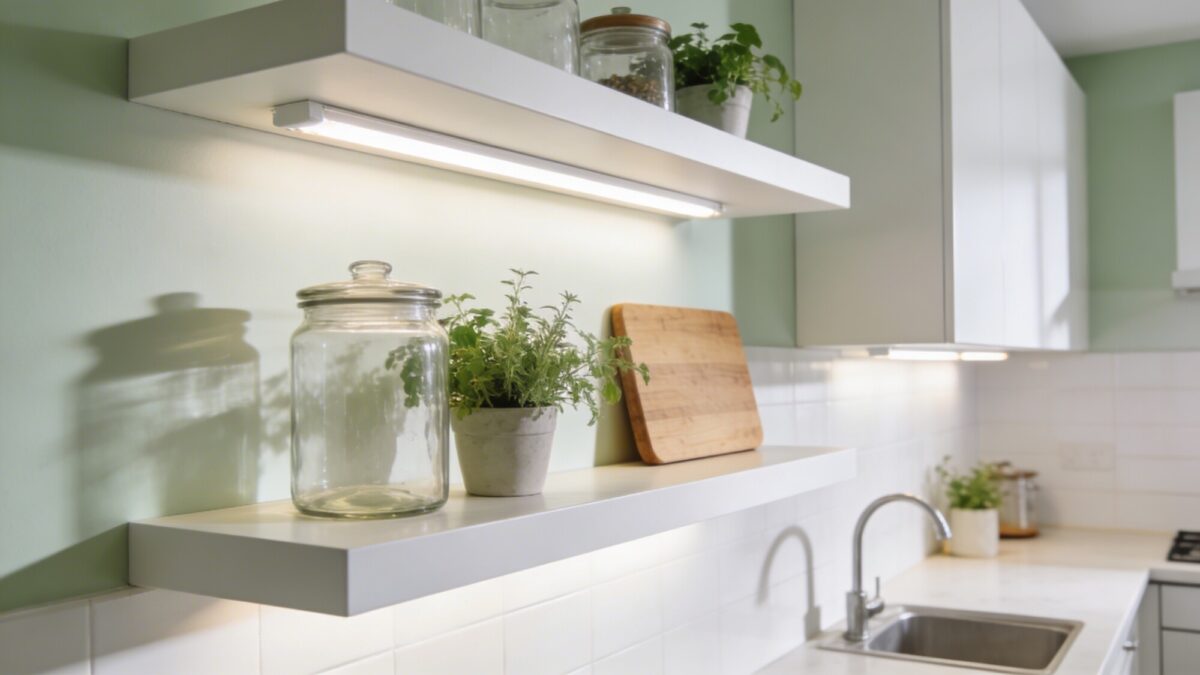 A kitchen wall scene with two staggered floating shelves in matte white, holding glass canisters, herbs in pots, and a wooden cutting board, bright task lighting and clean counters.