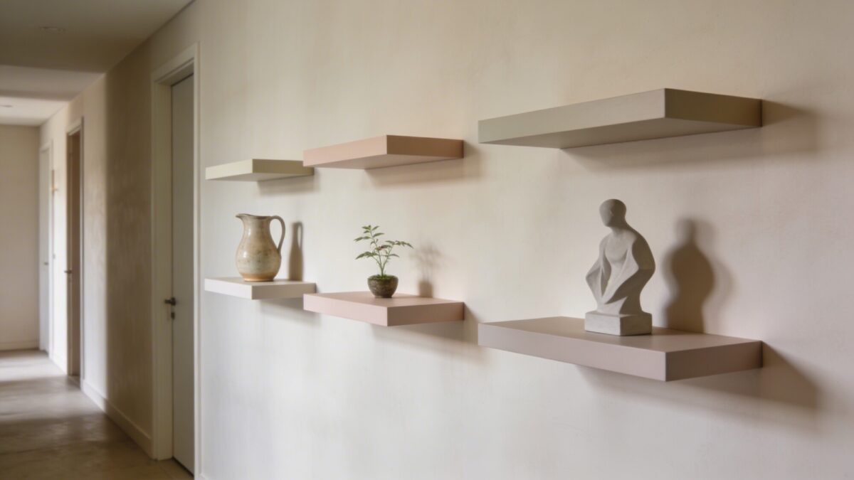 A modern gallery-style wall in a hallway with three evenly spaced floating shelves in soft neutrals, each shelf showcasing a curated micro-still life: a ceramic pitcher, a tiny plant, and a monochrome sculpture, neutral backdrop.