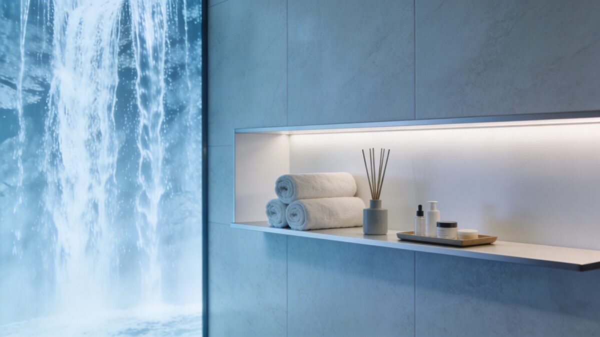 A bathroom wall with a waterfall effect display: a slim floating shelf holding rolled towels, a reed diffuser, and a small tray with skincare items, moisture-friendly materials and clean mood lighting.