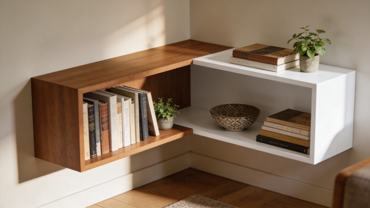 A living room corner with a pair of floating shelves arranged in an L-shape, one in a warm wood tone and one in white, styled with a mix of books, small greenery, and a decorative bowl, creating layered depth and soft shadows.