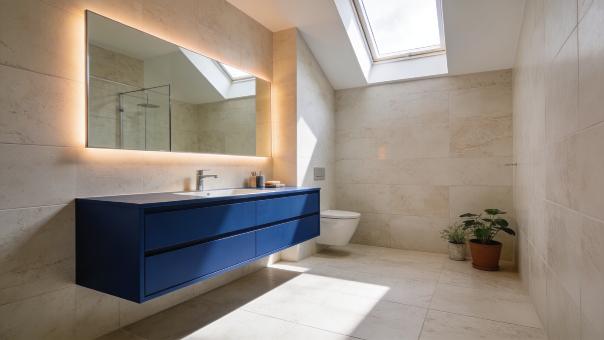 A bright, modern bathroom with large-format beige replaced by pale stone tiles, a bold cobalt vanity, and a large backlit mirror reflecting soft warm ambient light, minimal clutter, plants in corner, natural daylight from a high window.