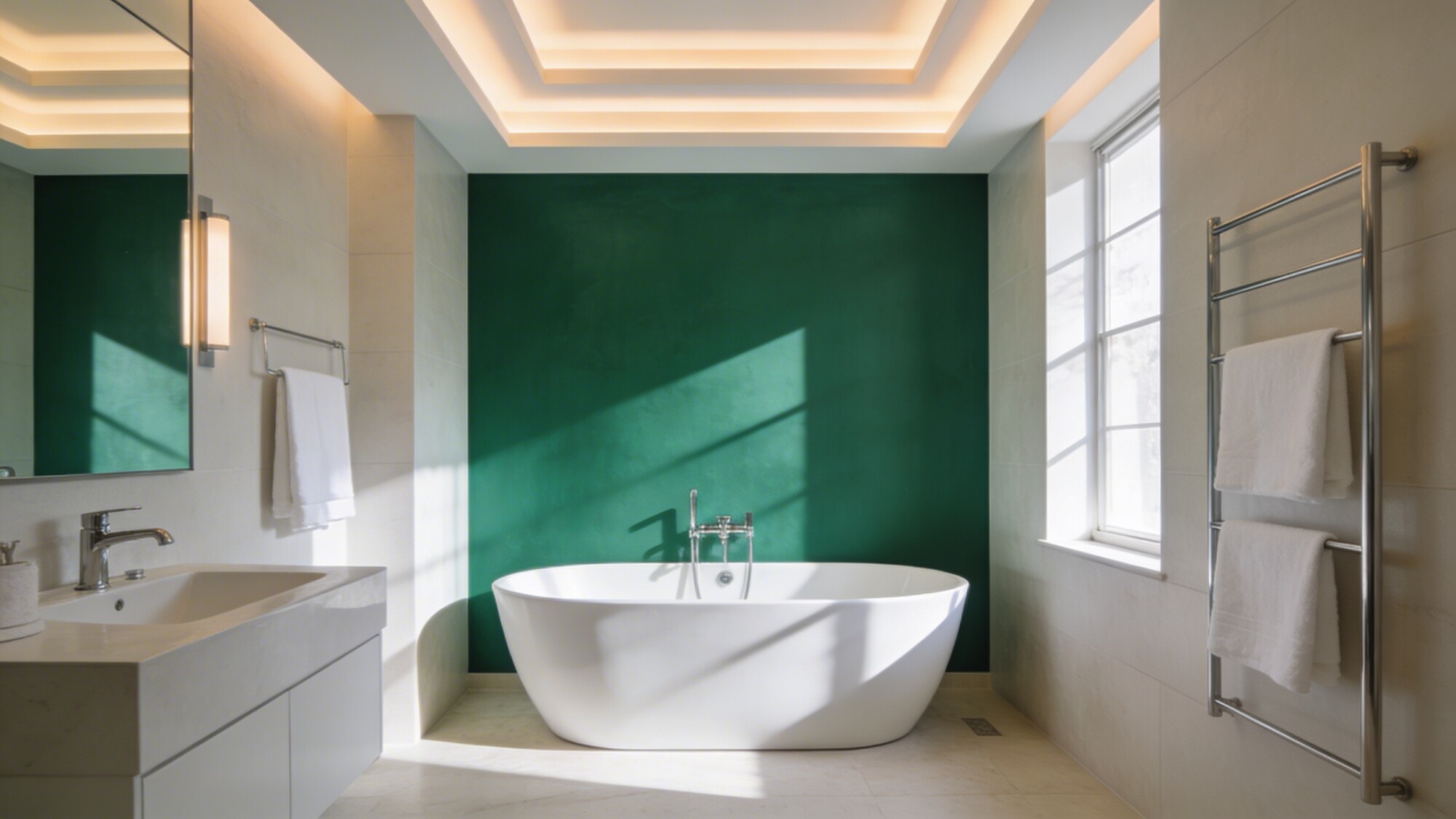A stylish bathroom interior featuring a light neutral palette with a striking emerald green accent wall, white freestanding bathtub, sleek chrome fixtures, and crisp white towels, sunlit by layered ceiling and task lighting.