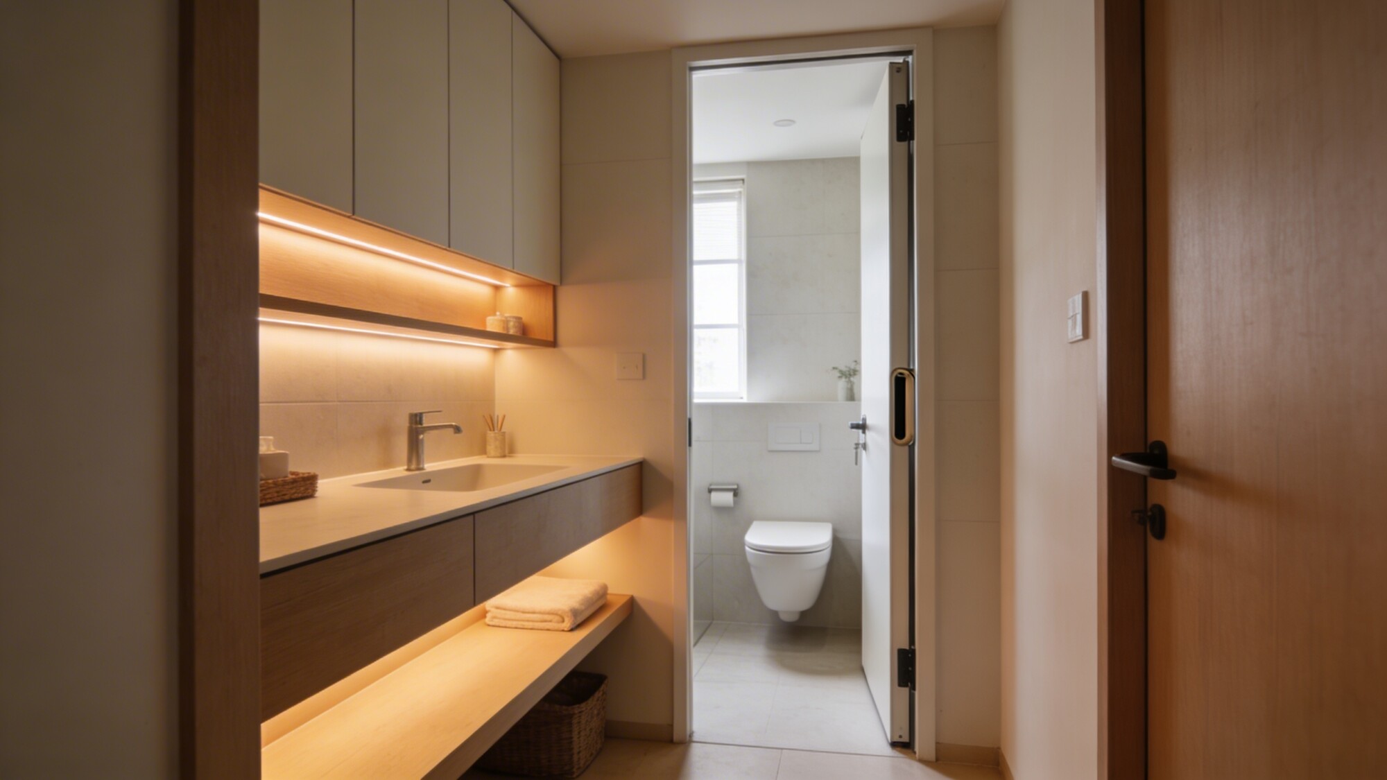 A compact bathroom layout with an open doorway, floating vanity, wall-mounted toilet, and a pocket door; everything arranged to maximize elbow room, soft natural light and warm LED task lighting under cabinets.