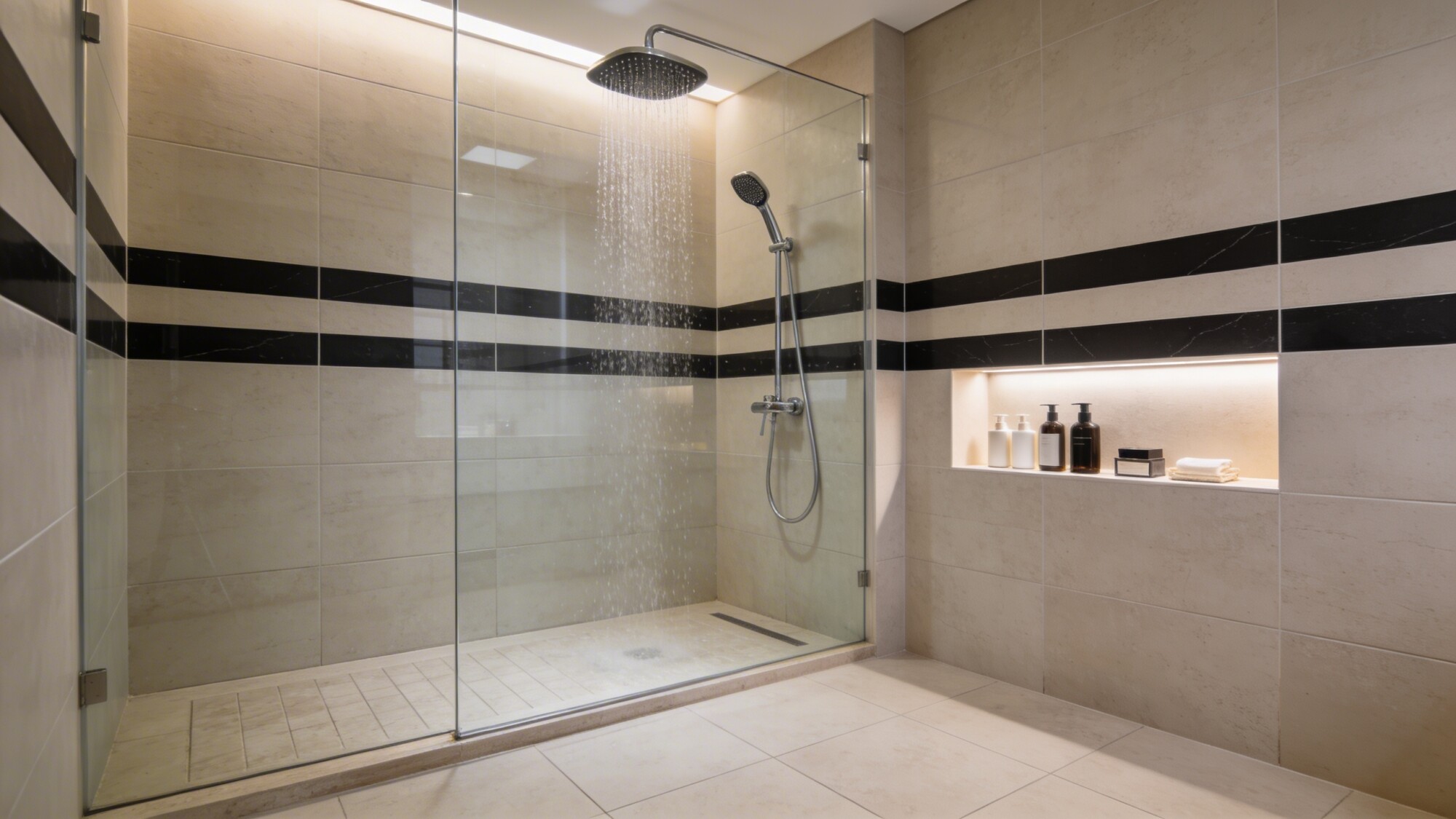 A luxurious shower area with clear glass enclosure, rainfall and handheld showerheads, large neutral tiles, built-in niche for toiletries, and a bold accent tile strip running horizontally for contrast.
