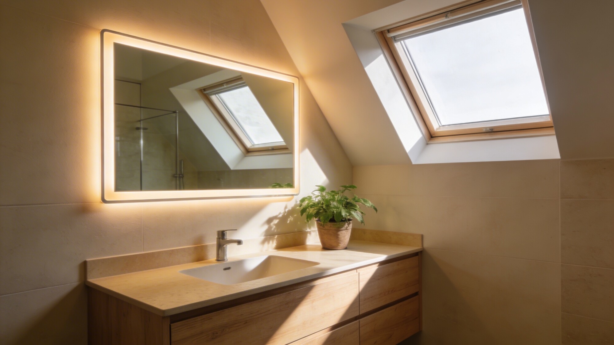 Moody yet bright bathroom scene: warm LED lighting, backlit mirror, soft beige countertops, light wood vanity, potted greenery, and a skylight casting natural highlights across the space.
