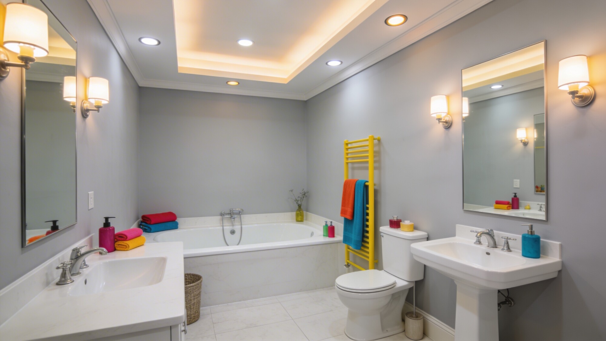 A spa-inspired bathroom with white ceramic fixtures, a large bathtub, soft gray walls, and a bold color pop via a bright towel rack and accessories; layered lighting including recessed, sconce, and ambient cove lighting.