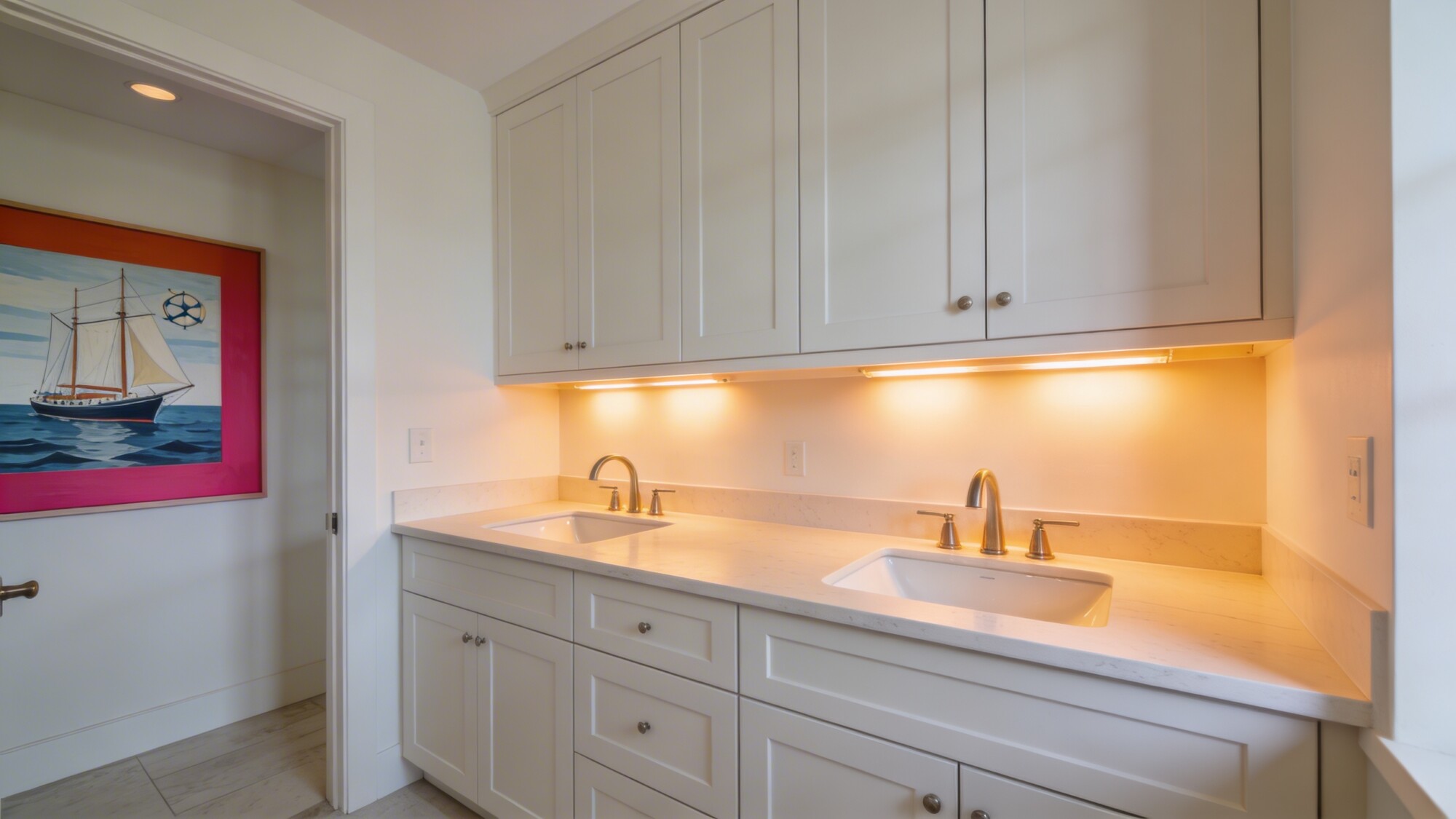 A vanity-focused setup: a wide, light-toned vanity with ample counter space, double sinks, under-cabinet lighting, and a punchy accent color on nautical-themed wall art kept out of frame, ensuring a clean, Instagram-ready aesthetic.