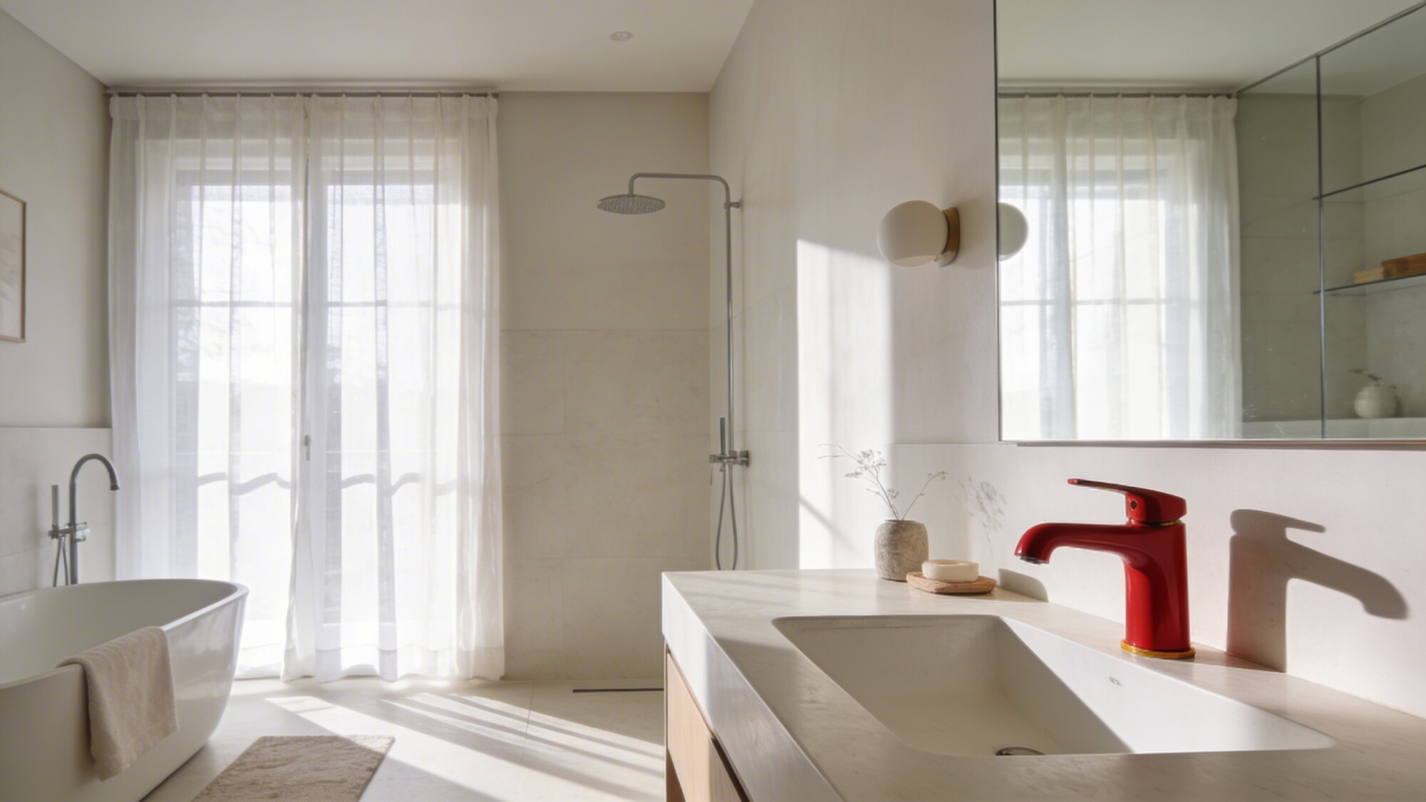 A high-contrast, airy bathroom with sheer window treatment, light neutrals on the walls, a statement bold-colored faucet, and minimal decor; natural light floods the room highlighting textures and materials.