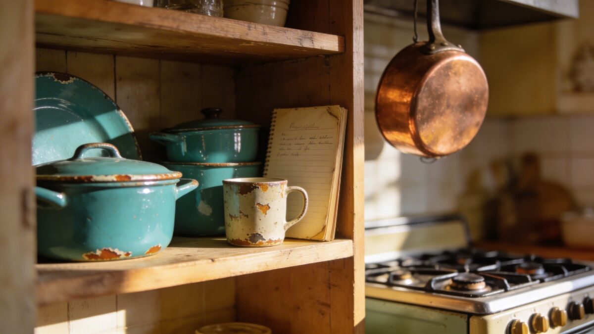 A sunlit vintage kitchen scene featuring a enamelware cookware set in glossy teal on an open wooden shelf, with chipped edges and warm patina, a chipped ceramic mug beside a worn recipe notebook, and a copper pot hanging above a retro gas stove.
