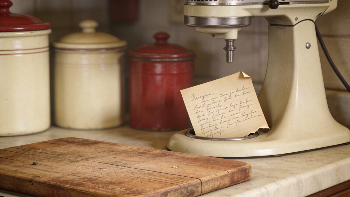 Close-up of a retro stand mixer perched on a countertop, surrounded by enamelware canisters in cream and red, a handwritten recipe card tucked into the mixer’s base, and a patinaed wooden cutting board in the foreground.