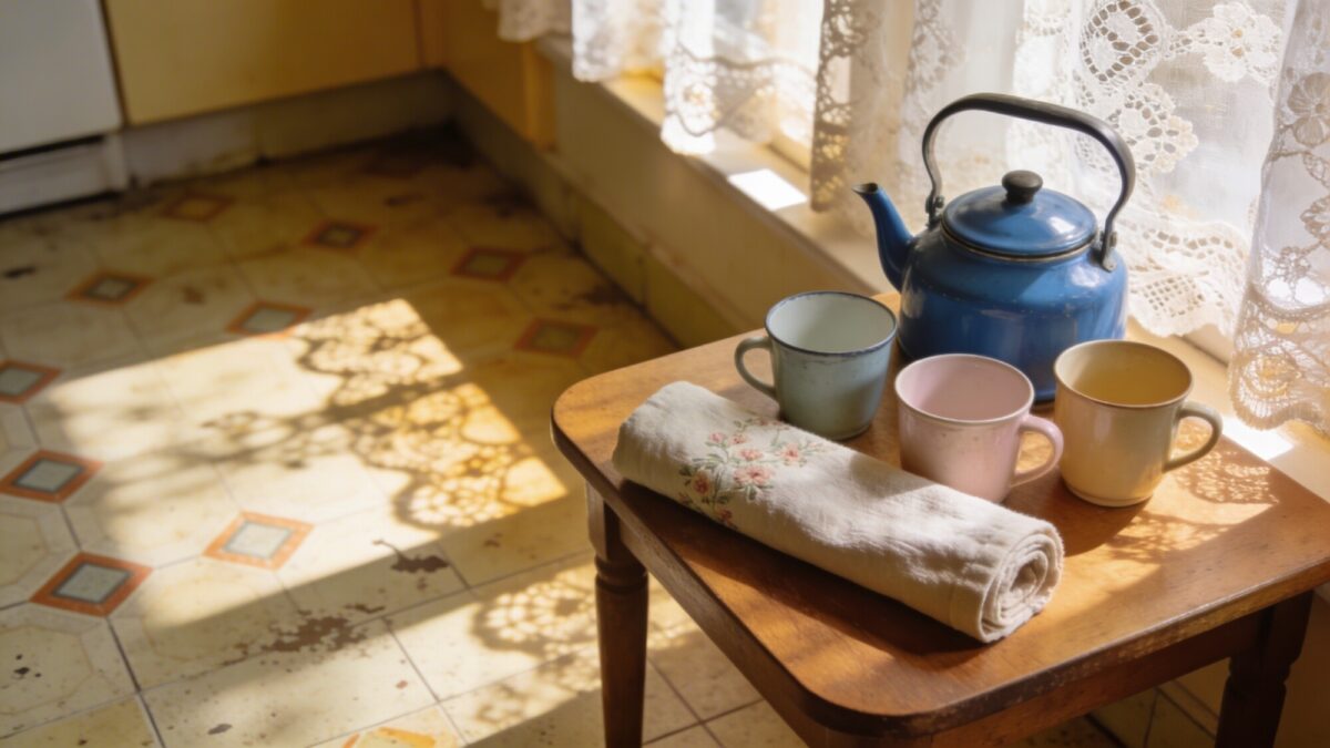 A cozy breakfast nook within a vintage kitchen: a small table set with a blue enamel teapot, mismatched enamel cups, a rolled linen kitchen towel, and sunlight streaming through lace curtains onto a faded linoleum floor.