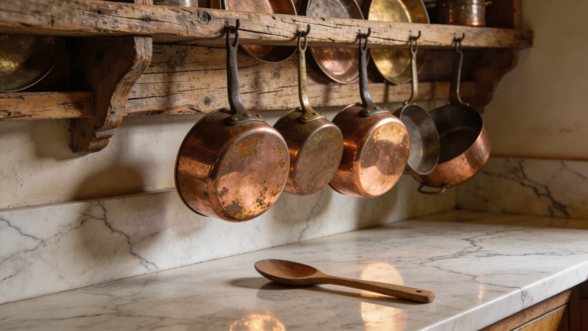 A close-up of copper pots and pans hanging on a rustic rack, with warm reflective light, aged patina and a wooden spoon resting on a marble countertop, evoking a story of generations of cooking.