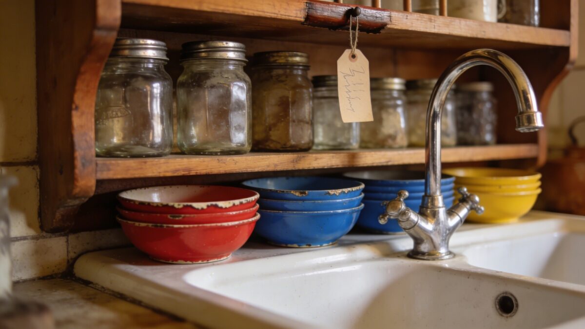 An old kitchen sink area with a porcelain basin, a chrome faucet, and a row of colorful enamelware bowls stacked beneath a shelf that holds vintage glass jars and a handwritten tag.