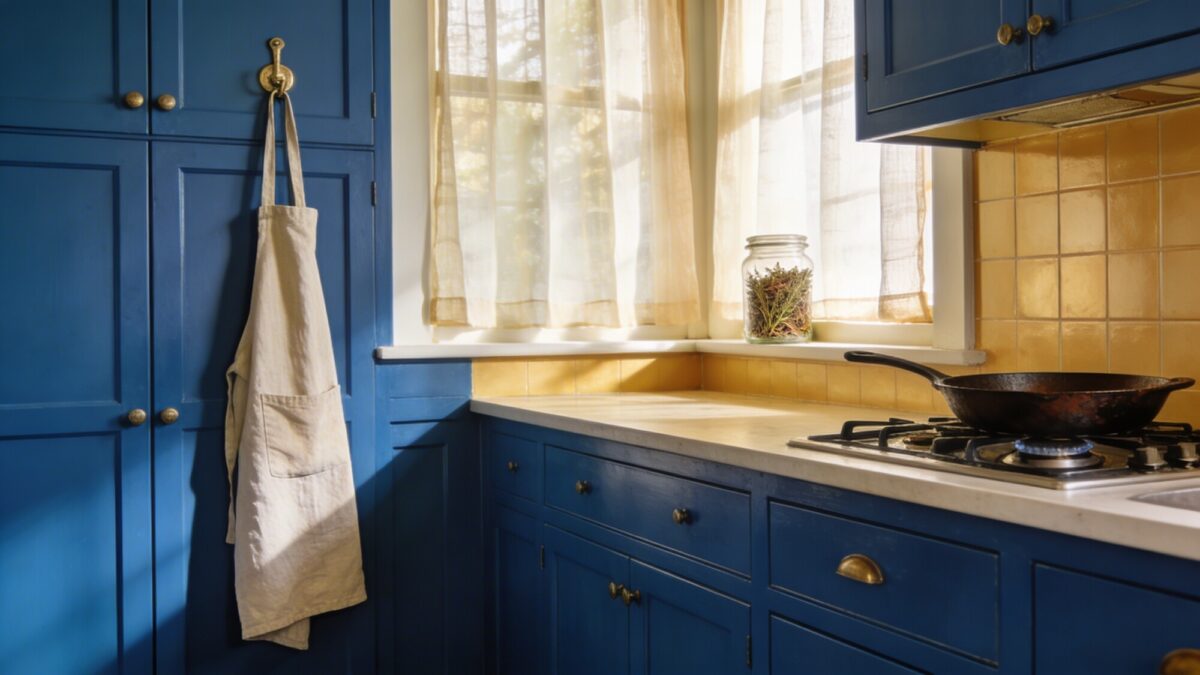 A wide shot of a kitchen with bold blue enamel cabinets, a linen apron hanging on a hook, a classic cast-iron skillet on the stove, and a jar of dried herbs on a windowsill with sheer curtains.