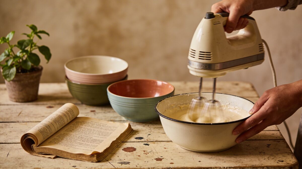 A nostalgic moment of someone mixing batter with a vintage mixer while bowls in mismatched colors sit atop a worn wooden table, a faded cookbook open nearby and a small plant adding life.