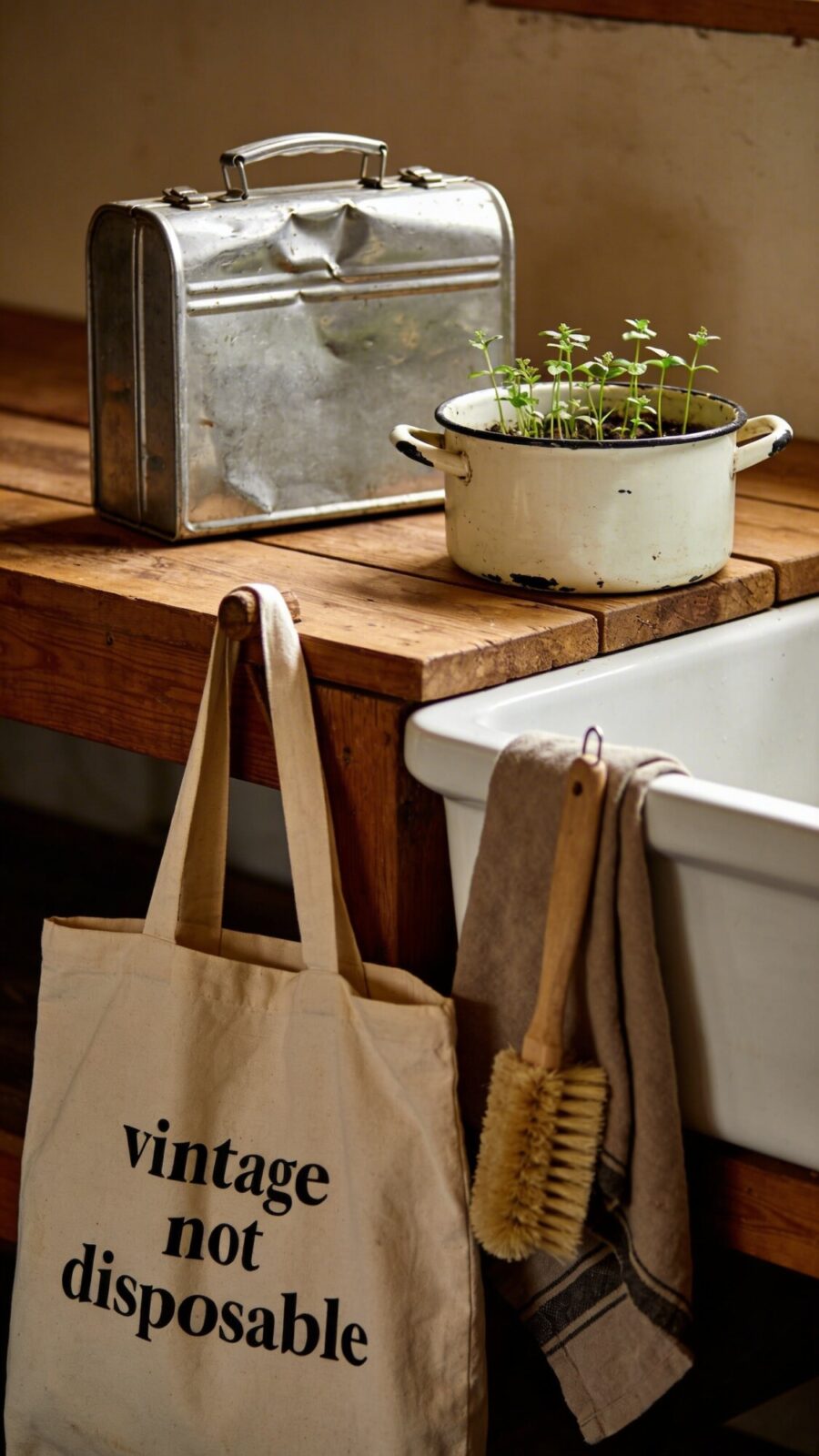 An eco-friendly vignette: a reuse-and-repair setup with a dented metal lunch pail, a repurposed enamel pot repurposed as a planter, and a tote bag labeled with vintage not disposable beside a sink with a scrub brush and cloth.
