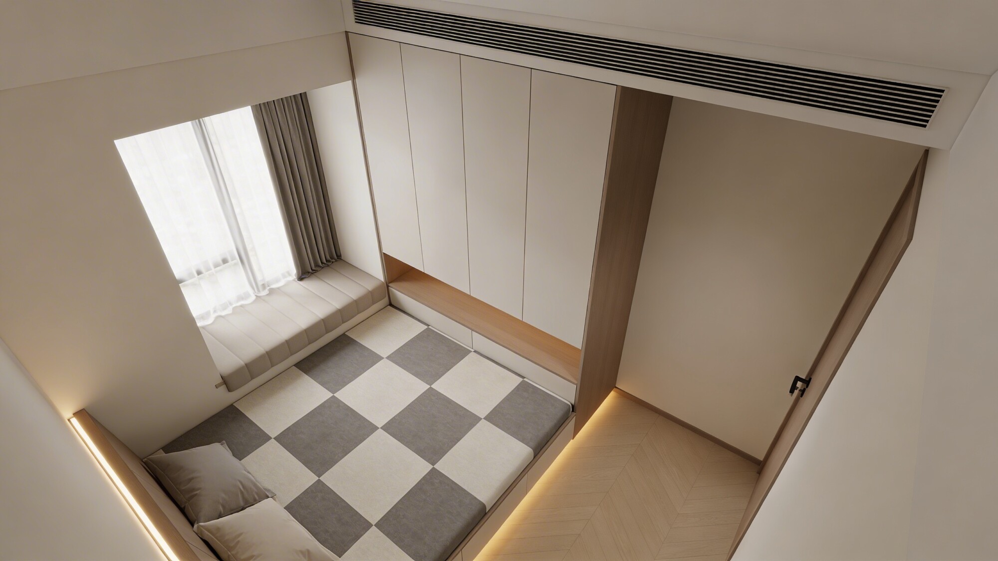 A compact bedroom shown from above as a chessboard layout: a low-profile platform bed against a wall, a slim floor-to-ceiling wardrobe in a corner, a small window with sheer curtain, and a narrow seating nook by a window, all in a cohesive neutral palette with ambient lighting.