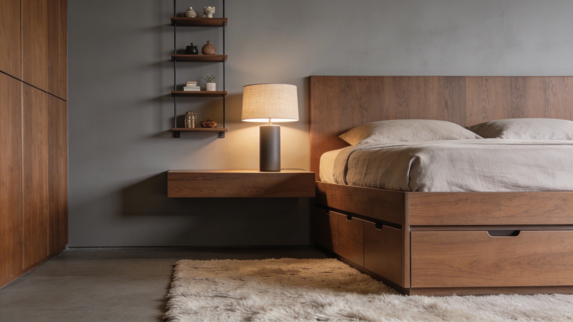 A luxe small bedroom corner featuring under-bed storage drawers, a floating nightstand with a single minimalist lamp, and wall-mounted shelves above maximizing vertical space, in warm wood tones and soft gray walls.
