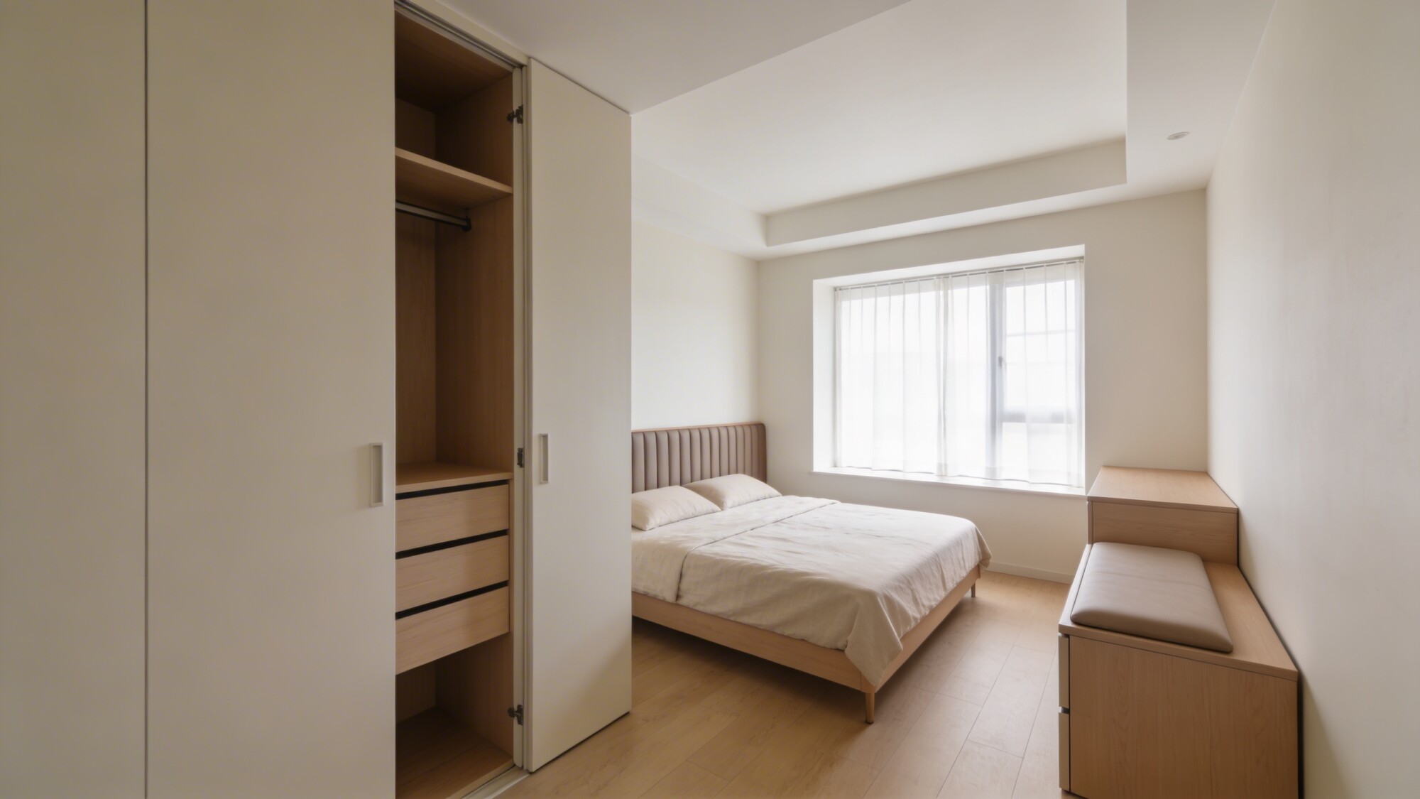 An airy small bedroom with the bed positioned away from the window, a slim headboard, hidden behind-the-door storage solution, and a slim dresser that doubles as a seating surface, bathed in natural light.