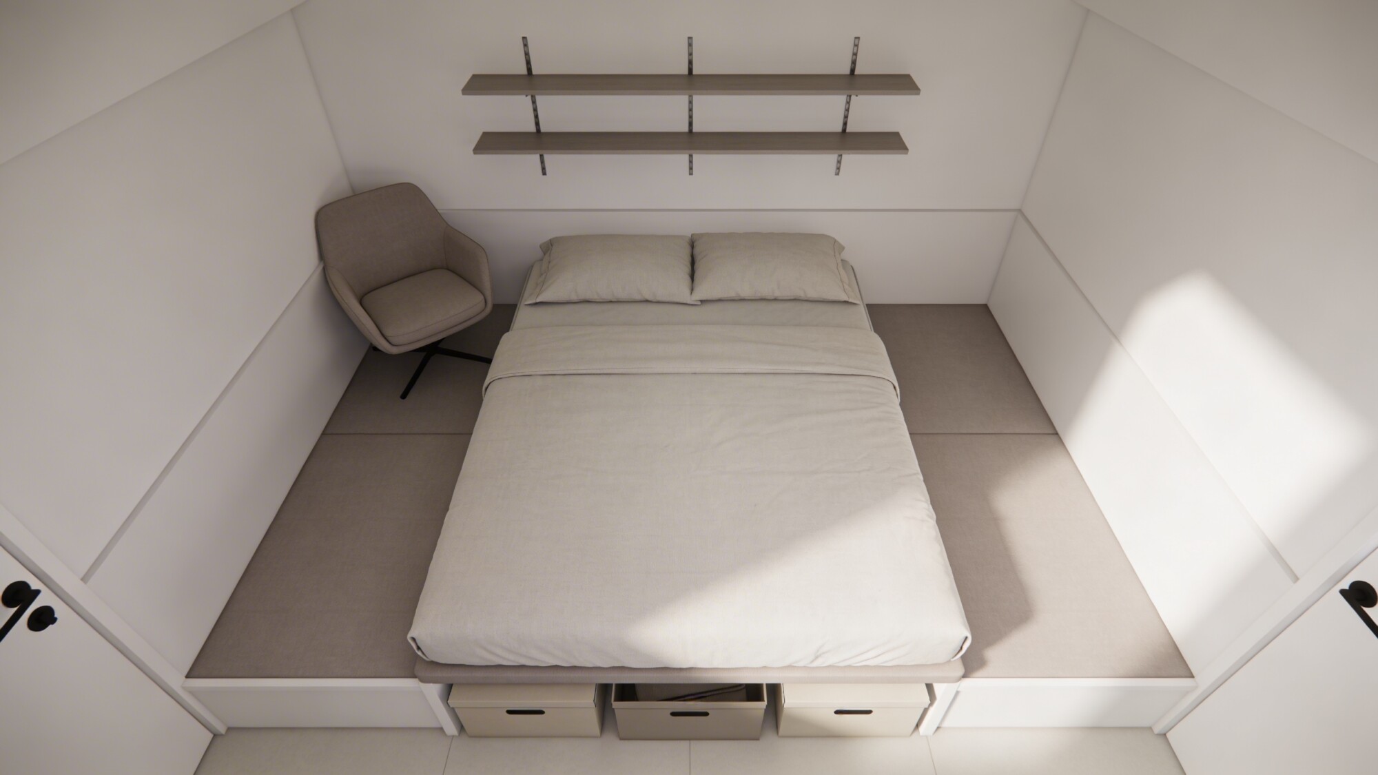 A top-down perspective of a tiny sanctuary: bed centered with ample clearance on all sides, a compact corner chair, wall-mounted slim shelving above the bed, and under-bed storage boxes, all in muted taupe and white.