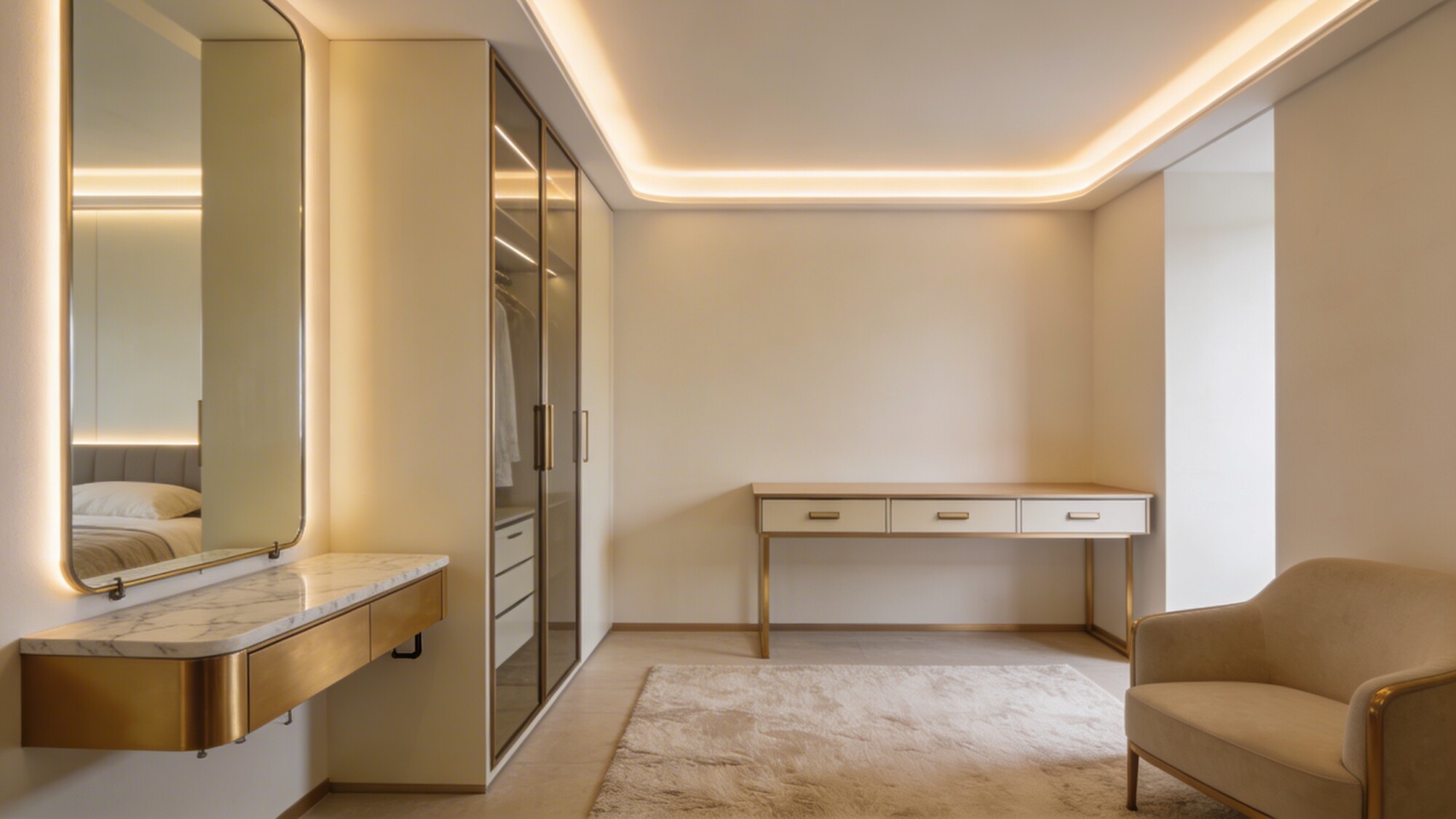 A luxe tiny bedroom with vertical storage: tall narrow wardrobe, wall-mounted bedside table, a narrow desk against the wall, and a soft LED cove light along the ceiling perimeter creating depth.