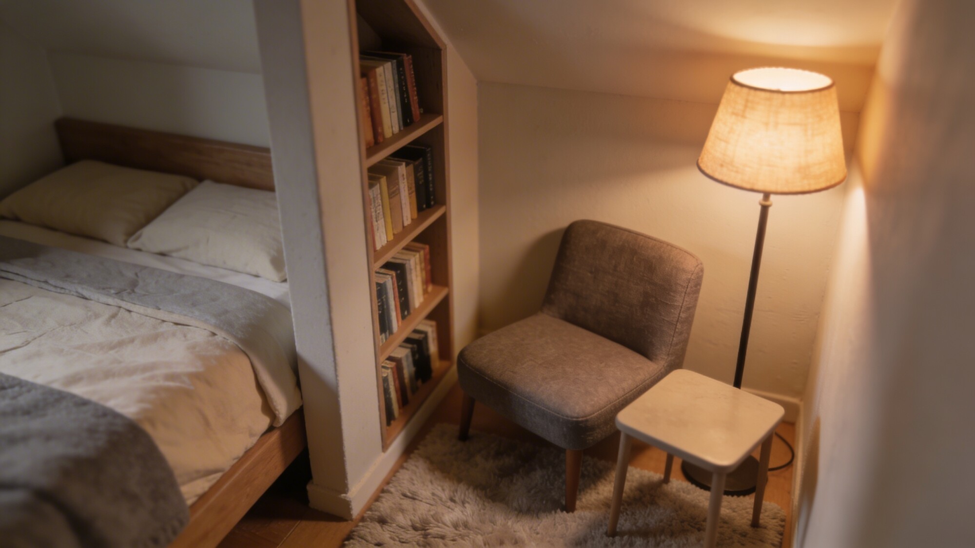 A cozy reading nook within a small bedroom: a slim bookshelf integrated into a narrow alcove, a compact upholstered chair, a tiny end table, and a warm, diffused floor lamp, all beside a bed that doesn’t crowd the space.