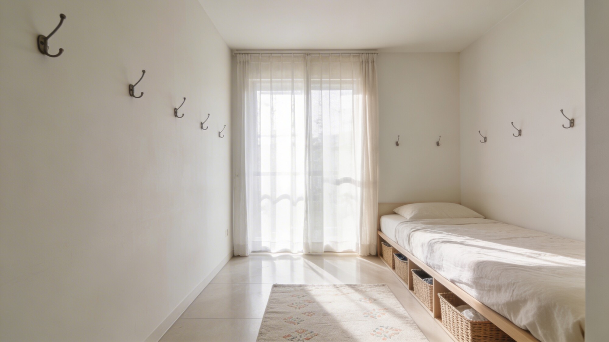 A daylight-filled small bedroom: bed placed along a long wall with clear floor space, sheer curtains at the window diffusing light, strategically placed wall hooks and slim storage baskets, and a rug that visually expands the room without overwhelming it.
